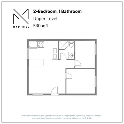 Floor plan for 2 beds, 1 bath, 530 sqft
